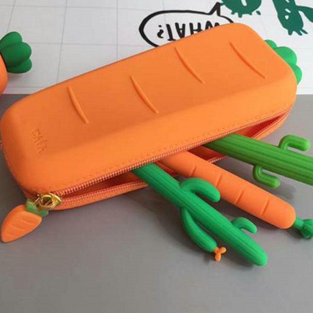 creative cartoon carrot soft silicone pen bag student cute portable pencil stationery storage pen case