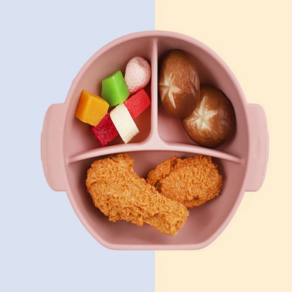 Baby integrated with suction cup compartment food tray fork and spoon feeding cutlery set children's silicone dinner plate 7