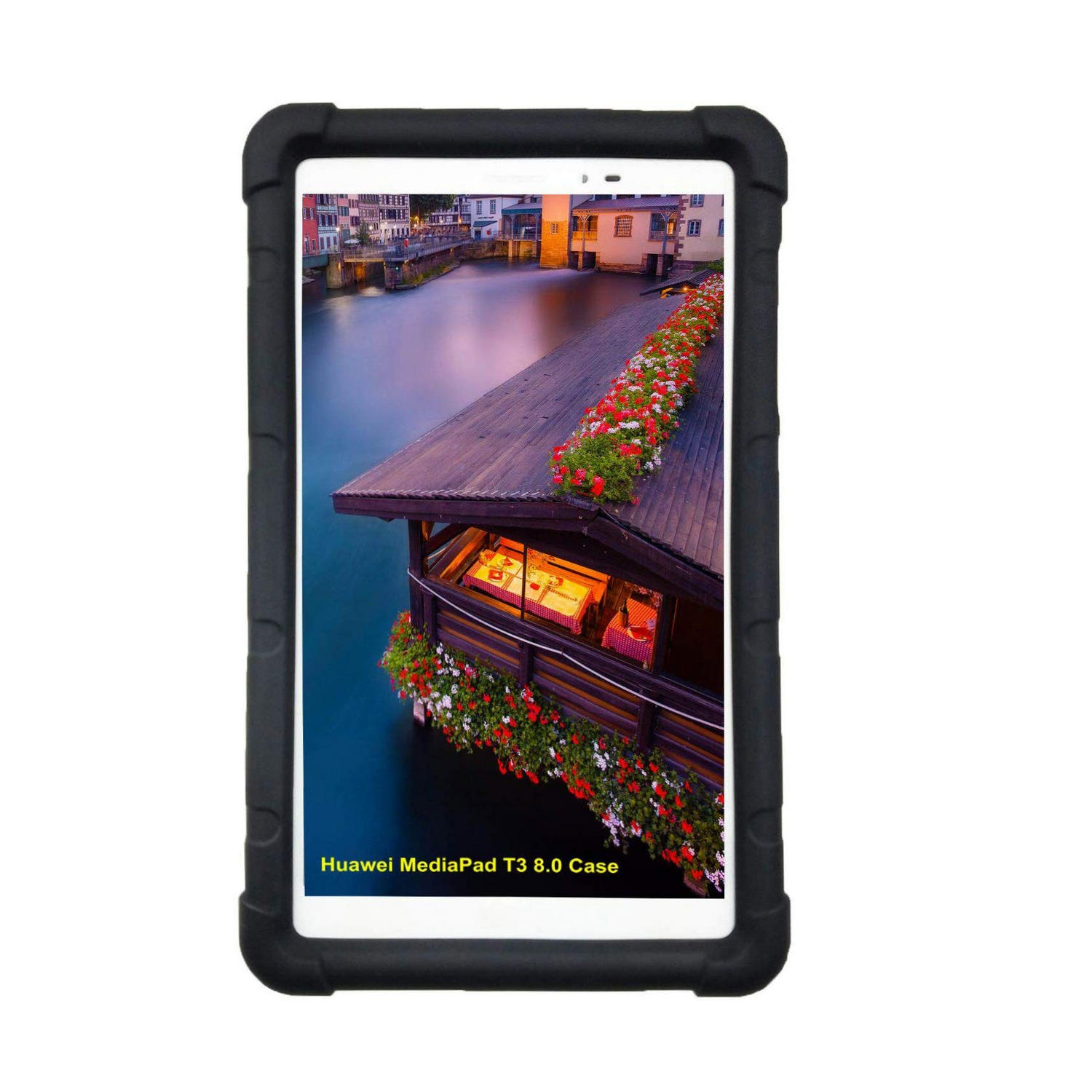MingShore for Huawei MediaPad T3 8 Tablet Silicone Rubber Rear Bumper KOB-L09 KOB-W09 Kids Friendly Handstrap Soft Rugged Case Black 2